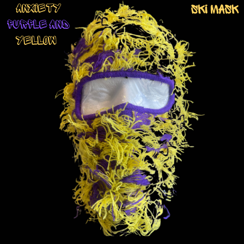 purple and yellow yeat distressed balaclava ski mask