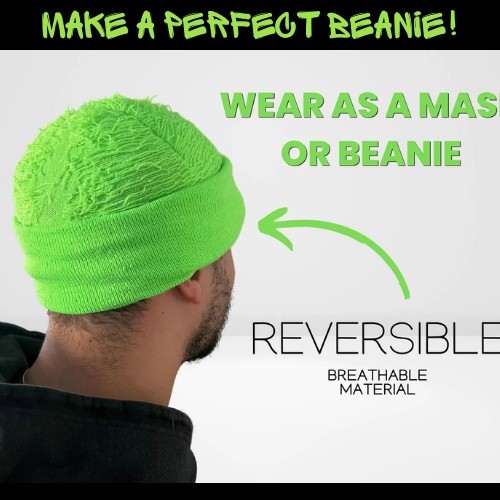 Neon green fuzzy ski mask wear as a beanie 