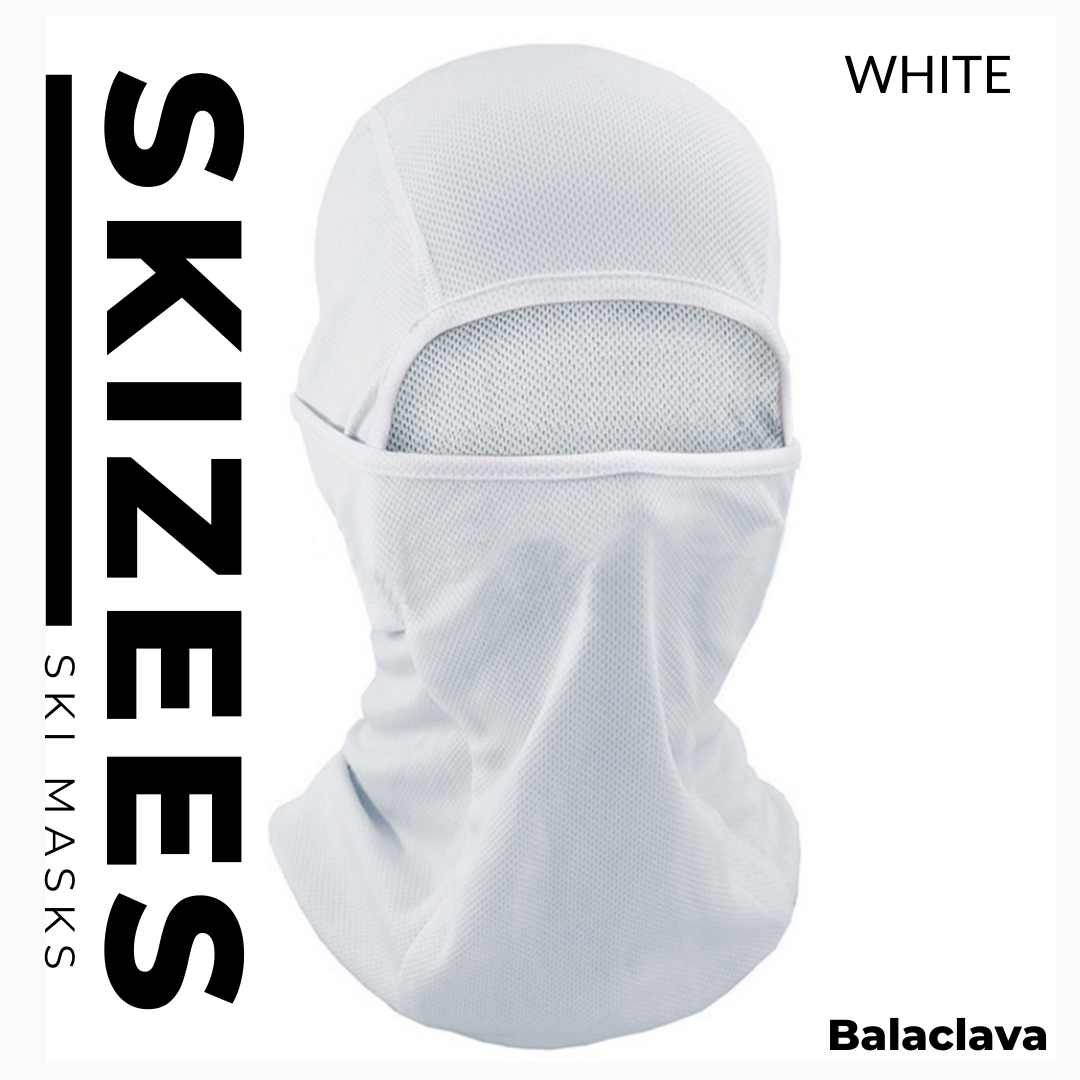 White ski mask balaclava face mask for outdoor recreation sports activities protects against cold wind, dust, sun, pollen, and other environmental elements. Use for Paintball, Airsoft, ATV Riding, Camping, Fashion Accessory, Football Baseball and softball Games, Hiking, Trekking, Hunting, Running, Climbing, Cycling, Motorcycling,  Motocross, snowboarding, Kayaking, Skateboarding, Scooter Riding, , Extreme sports, contest, Go-cart racing